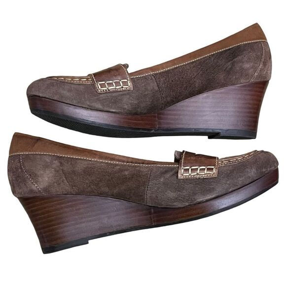 L.L. Bean Made/Brazil 9M Shoes Brown Suede Leather Wedge Penny Loafers Slip On - Picture 8 of 11